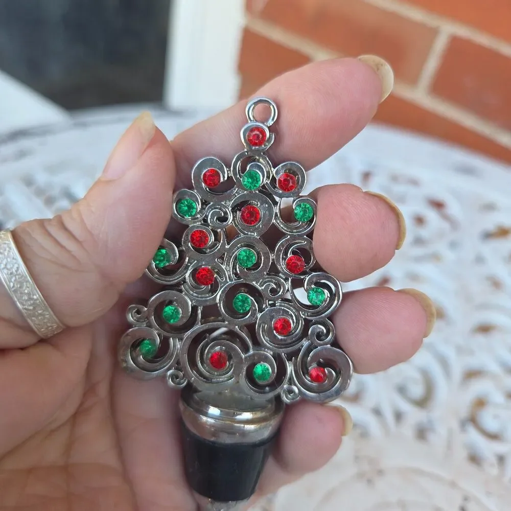 Christmas Wine Bottle Stoppers Set Ornament Cork Rhinestone Tree Holiday